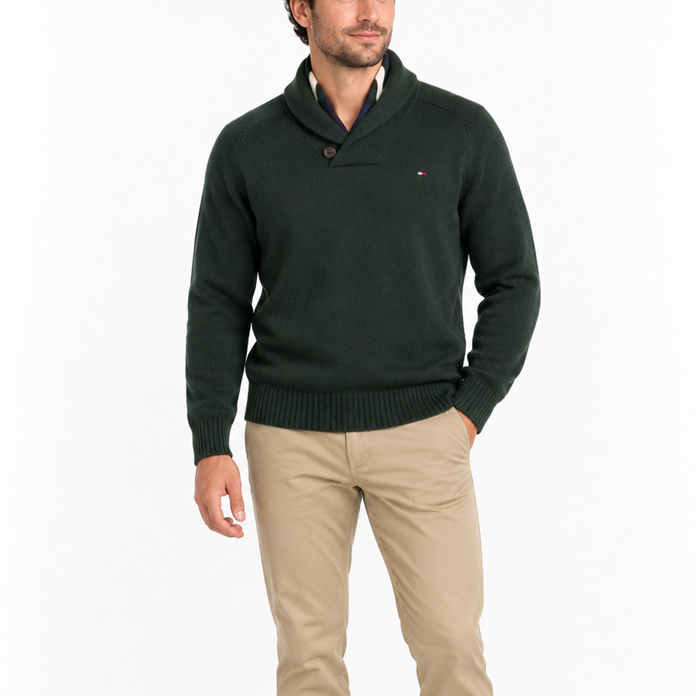Tommy Hilfiger Mens L Green Shawl Collar Button Pullover Knit Sweater Preppy
